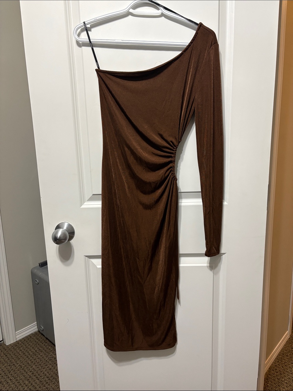 Forever 21 Chocolate Brown One-Shoulder Ruched Midi Dress